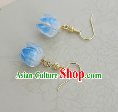 Asian Chinese Traditional Jewelry Accessories Hanfu Traditional Blue Flower Bud Earrings for Women