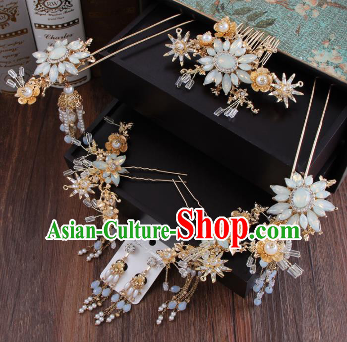 Chinese Ancient Bride Hair Accessories Classical Opal Hair Comb Hanfu Handmade Hairpins for Women