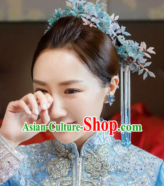 Chinese Ancient Bride Hair Accessories Blue Leaf Hair Comb Hanfu Handmade Hairpins for Women