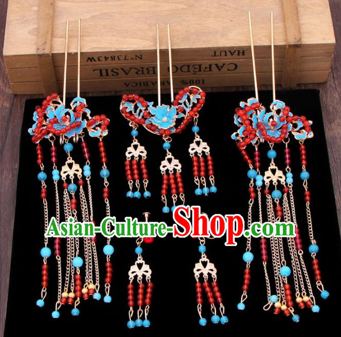 Chinese Ancient Bride Hair Accessories XiuHe Suit Tassel Hair Clips Hanfu Handmade Hairpins for Women