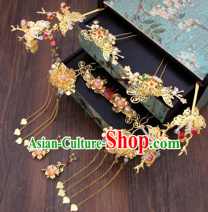 Chinese Ancient Bride Hair Accessories XiuHe Suit Tassel Golden Hair Clips Hanfu Handmade Hairpins for Women