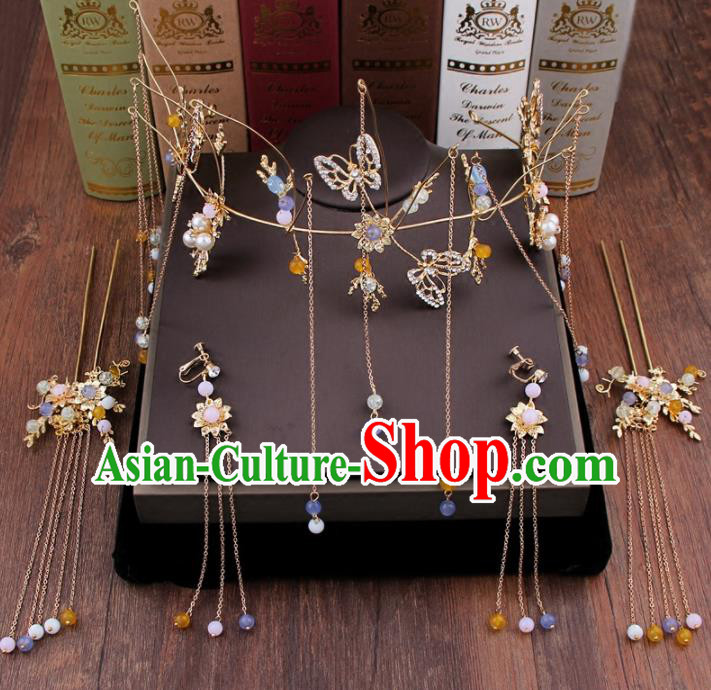 Chinese Handmade Ancient Hair Accessories Bride XiuHe Suit Tassel Phoenix Coronet Hanfu Hairpins for Women