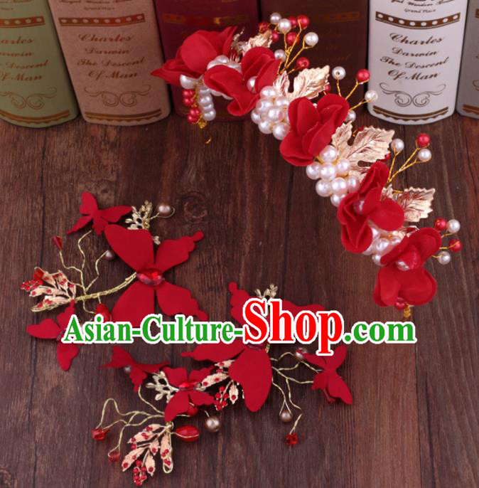 Top Grade Bride Hair Accessories Wedding Red Butterfly Flowers Royal Crown and Earrings for Women