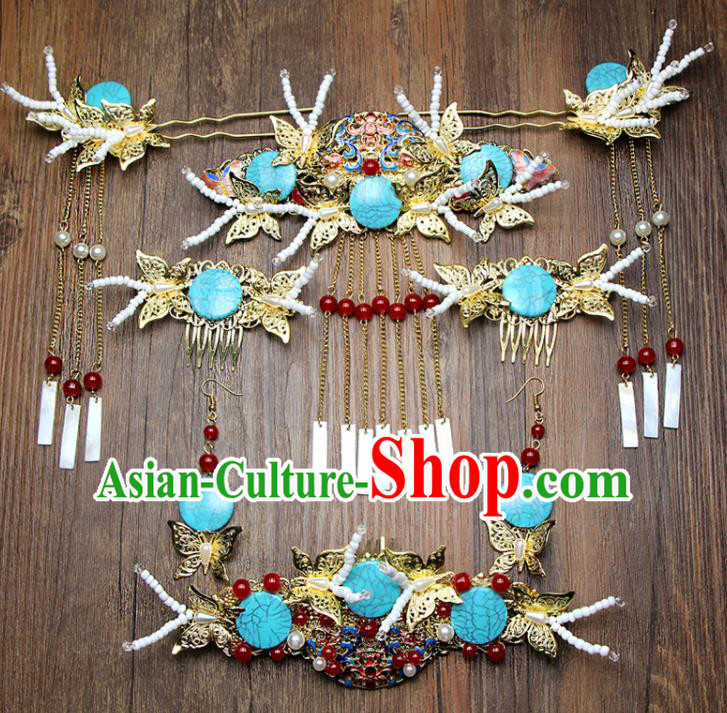 Chinese Ancient XiuHe Suit Cloisonne Hair Combs Bride Handmade Hairpins Hair Accessories Complete Set for Women