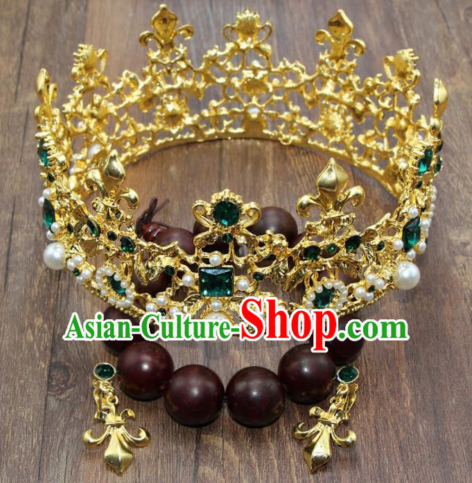 Top Grade Bride Hair Accessories Wedding Green Crystal Royal Crown and Earrings for Women