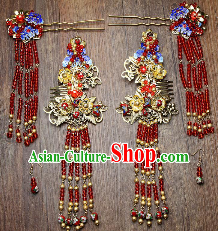 Chinese Ancient XiuHe Suit Handmade Blueing Hairpins Tassel Step Shake Hair Accessories Complete Set for Women