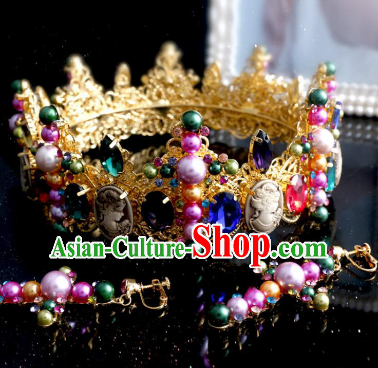 Top Grade Bride Hair Accessories Wedding Baroque Colorful Crystal Royal Crown and Earrings for Women