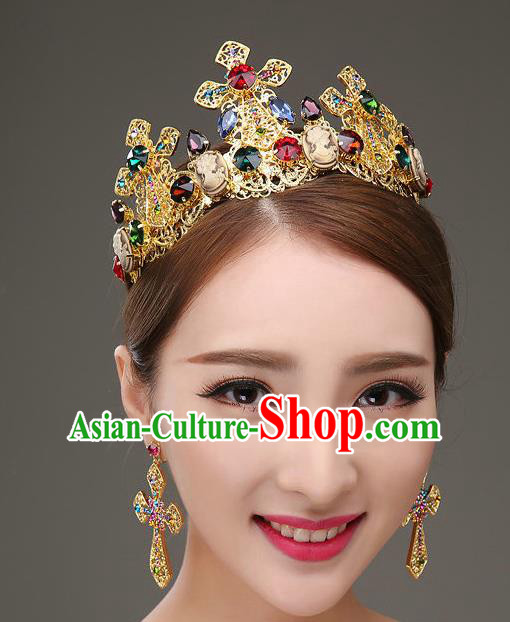 Top Grade Bride Hair Accessories Wedding Colorful Crystal Royal Crown and Earrings for Women