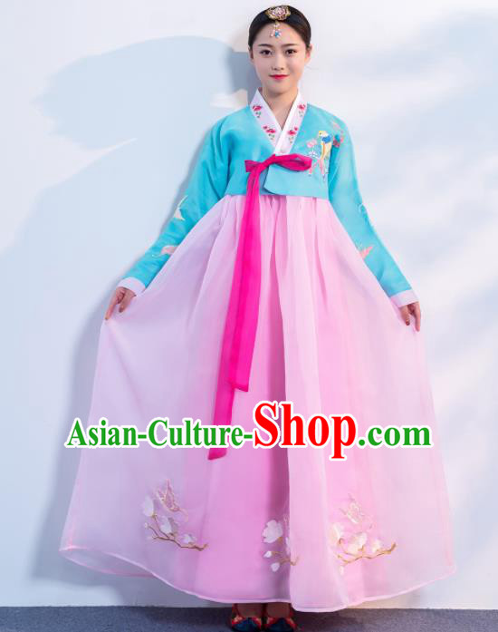 Asian Korean Traditional Costumes Korean Hanbok Blue Embroidered Blouse and Pink Skirt for Women