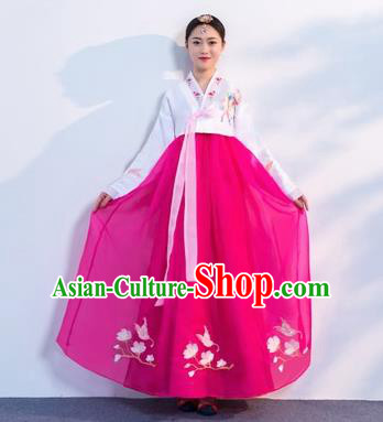 Asian Korean Traditional Costumes Korean Hanbok White Embroidered Blouse and Rosy Skirt for Women