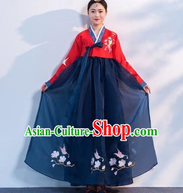 Asian Korean Traditional Costumes Korean Hanbok Red Embroidered Blouse and Navy Skirt for Women