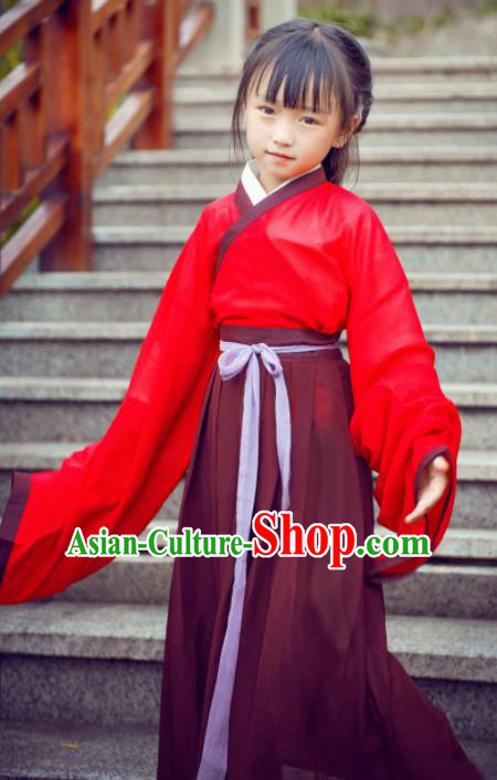 Traditional Chinese Ancient Costumes Jin Dynasty Princess Red Hanfu Dress for Kids