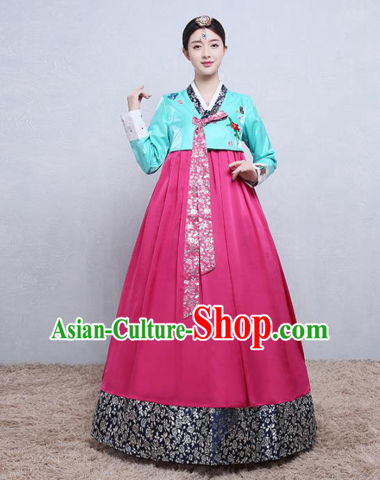 Asian Korean Traditional Costumes Korean Palace Hanbok Embroidered Blue Blouse and Rosy Skirt for Women