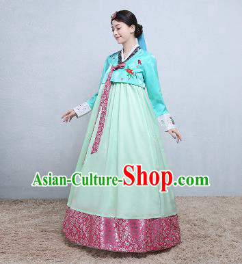 Asian Korean Traditional Costumes Korean Palace Hanbok Embroidered Blue Blouse and Green Skirt for Women