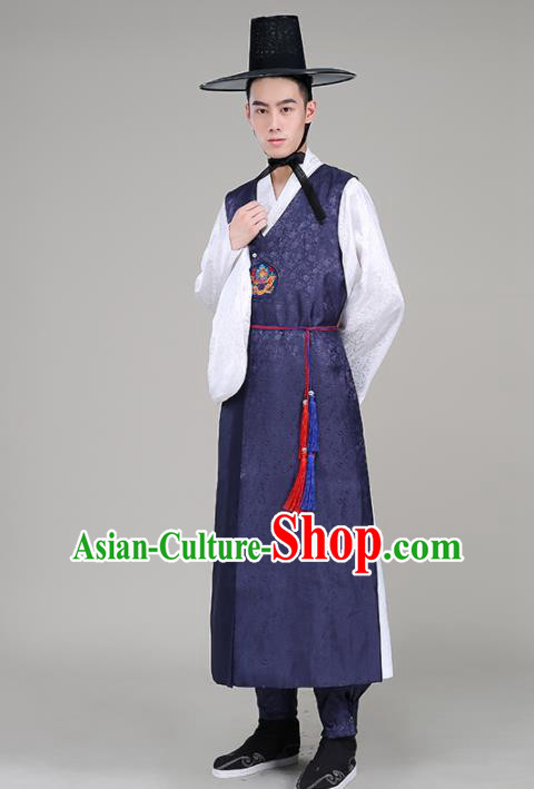 Asian Korean Traditional Costumes Korean Palace Navy Hanbok Embroidered Clothing for Men