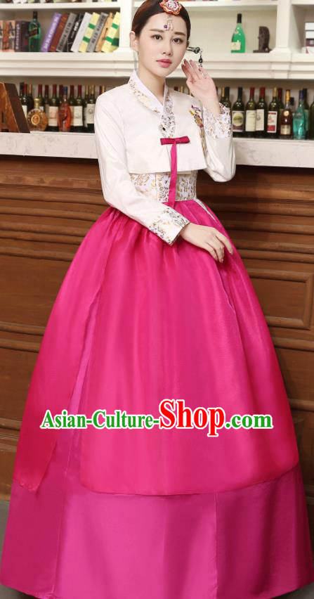 Korean Traditional Costumes Asian Korean Hanbok Palace Bride Embroidered White Blouse and Rosy Skirt for Women