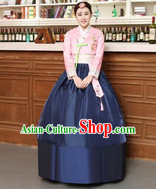 Korean Traditional Costumes Asian Korean Hanbok Palace Bride Embroidered Pink Blouse and Navy Skirt for Women