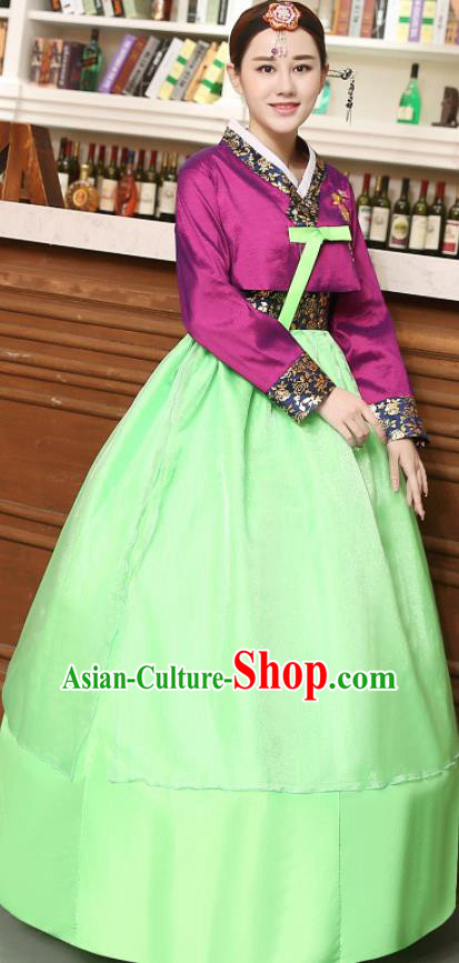 Korean Traditional Costumes Asian Korean Hanbok Palace Bride Embroidered Purple Blouse and Green Skirt for Women