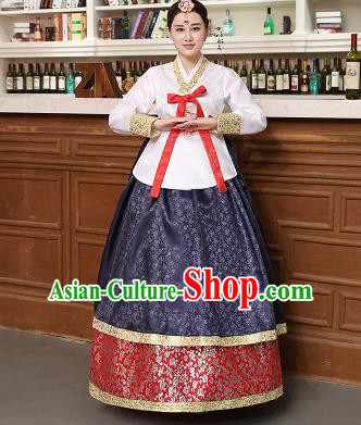 Korean Traditional Costumes Asian Korean Hanbok Palace Bride Embroidered White Blouse and Navy Skirt for Women