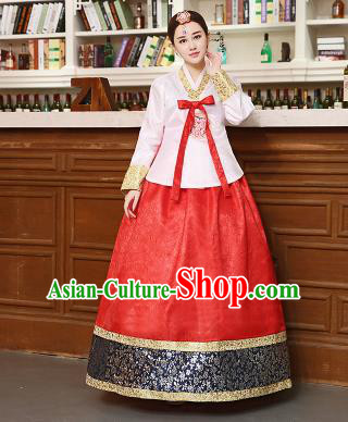 Korean Traditional Costumes Asian Korean Hanbok Palace Bride Embroidered White Blouse and Red Skirt for Women