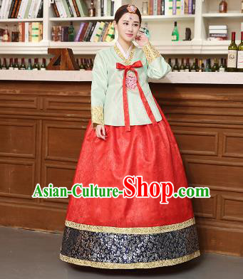 Korean Traditional Costumes Asian Korean Hanbok Palace Bride Embroidered Green Blouse and Red Skirt for Women
