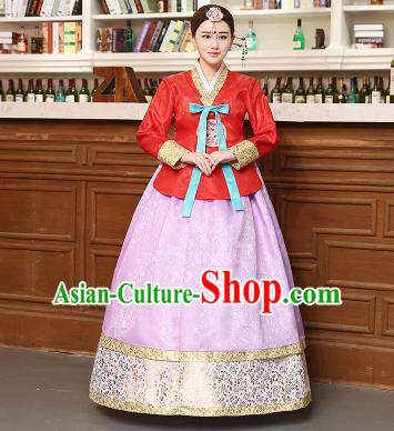 Korean Traditional Costumes Asian Korean Hanbok Palace Bride Embroidered Red Blouse and Lilac Skirt for Women
