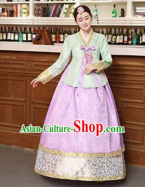 Korean Traditional Costumes Asian Korean Hanbok Palace Bride Embroidered Green Blouse and Lilac Skirt for Women