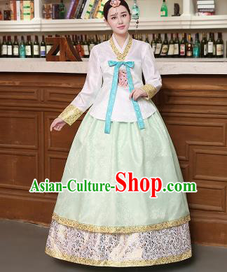 Korean Traditional Costumes Asian Korean Hanbok Palace Bride Embroidered White Blouse and Green Skirt for Women