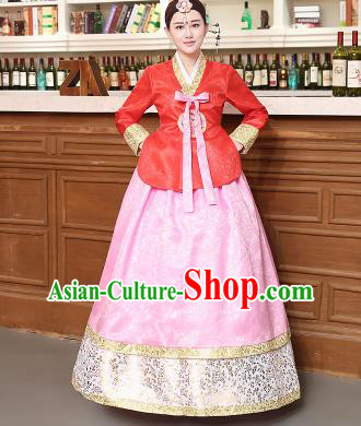 Korean Traditional Costumes Asian Korean Hanbok Palace Bride Embroidered Red Blouse and Pink Skirt for Women