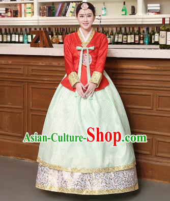 Korean Traditional Costumes Asian Korean Hanbok Palace Bride Embroidered Red Blouse and Green Skirt for Women