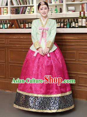 Korean Traditional Costumes Asian Korean Hanbok Palace Bride Embroidered Green Blouse and Rosy Skirt for Women
