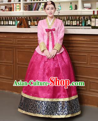 Korean Traditional Costumes Asian Korean Hanbok Palace Bride Embroidered Pink Blouse and Rosy Skirt for Women