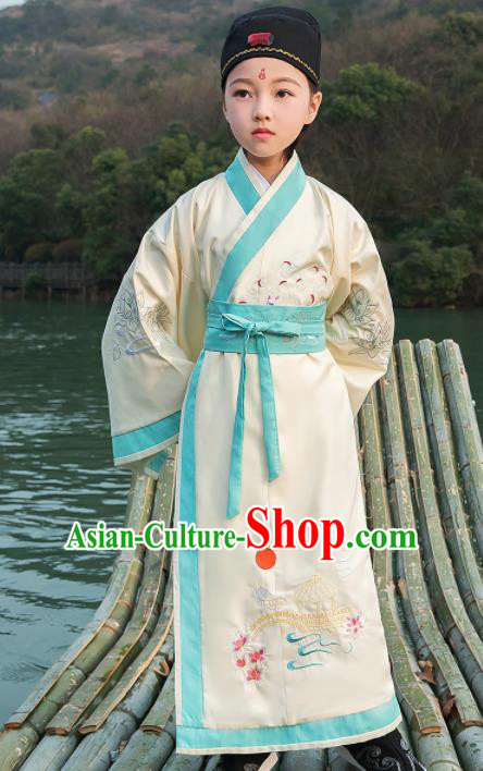 Traditional Chinese Ancient Scholar Costumes Han Dynasty Minister White Embroidered Robe for Kids