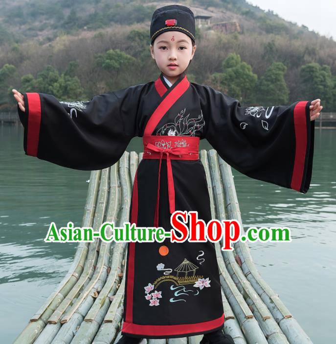 Traditional Chinese Ancient Scholar Costumes Han Dynasty Minister Black Embroidered Robe for Kids