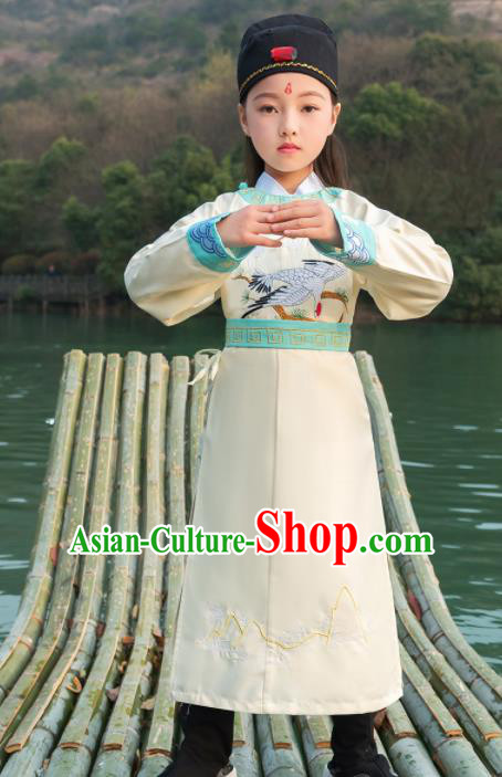 Traditional Chinese Ancient Scholar Costumes Tang Dynasty Swordsman White Embroidered Robe for Kids