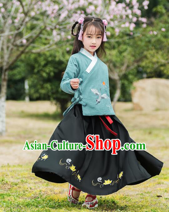 Traditional Chinese Ancient Ming Dynasty Costumes Green Blouse and Black Skirt for Kids