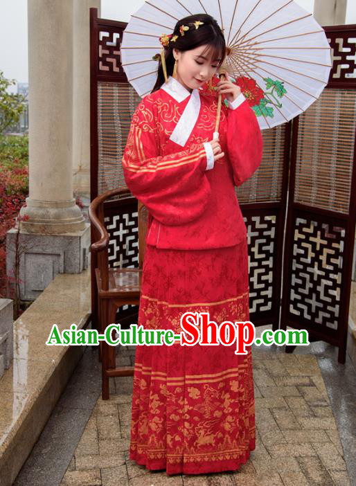 Traditional Chinese Ancient Hanfu Dress Ming Dynasty Princess Costumes Red Blouse and Skirt for Women