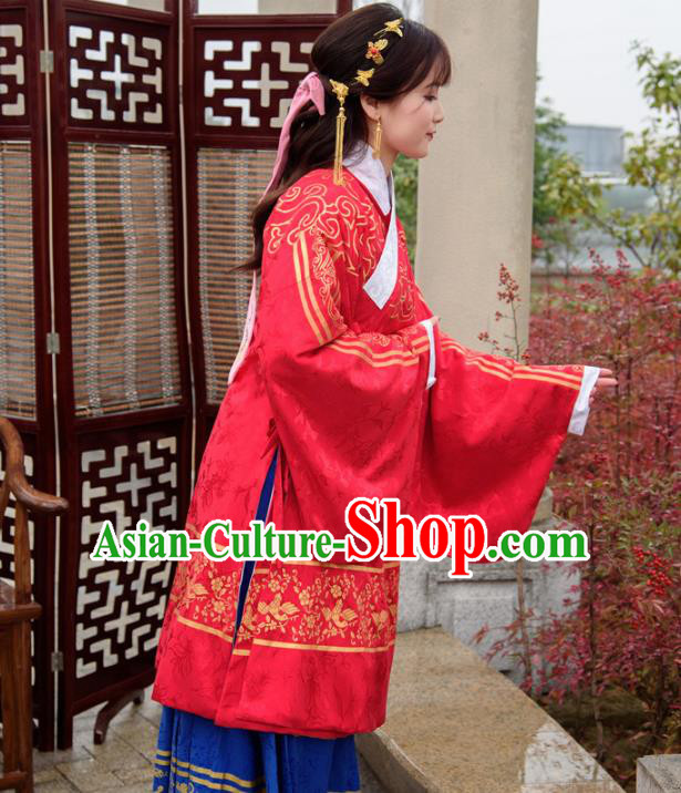 Traditional Chinese Ancient Ming Dynasty Palace Princess Costumes Red Cloak and Blue Skirt for Women