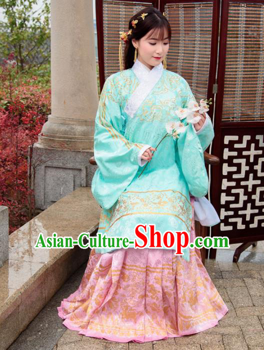 Traditional Chinese Ancient Ming Dynasty Palace Princess Costumes Green Cloak and Pink Skirt for Women