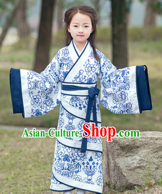 Traditional Chinese Ancient Han Dynasty Princess Costume Blue Curving-front Robe for Kids