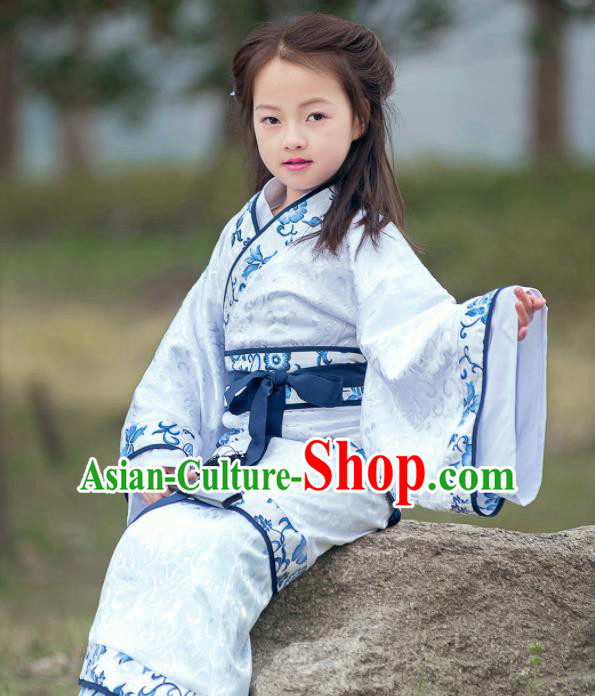 Traditional Chinese Ancient Han Dynasty Princess Costume White Curving-front Robe for Kids