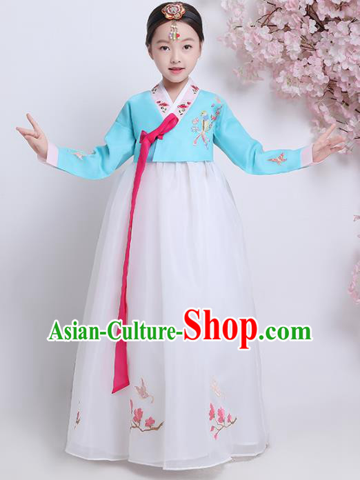 Asian Korean Traditional Costumes Korean Hanbok Blue Blouse and White Skirt for Kids