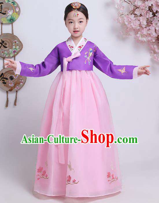 Asian Korean Traditional Costumes Korean Hanbok Purple Blouse and Pink Skirt for Kids