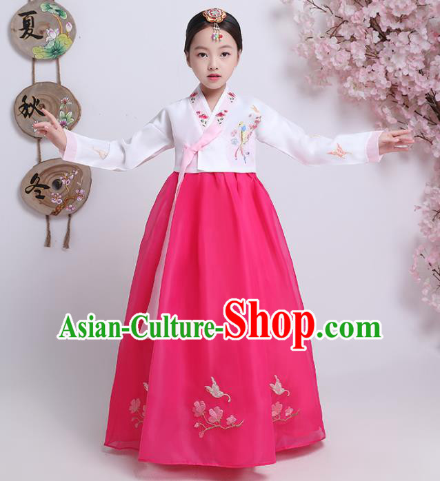 Asian Korean Traditional Costumes Korean Hanbok White Blouse and Rosy Skirt for Kids