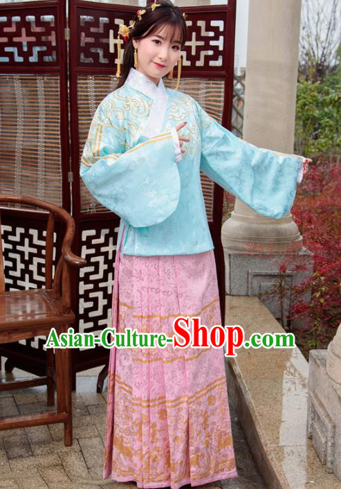 Traditional Chinese Ancient Hanfu Dress Ming Dynasty Princess Costumes Blue Blouse and Pink Skirt for Women