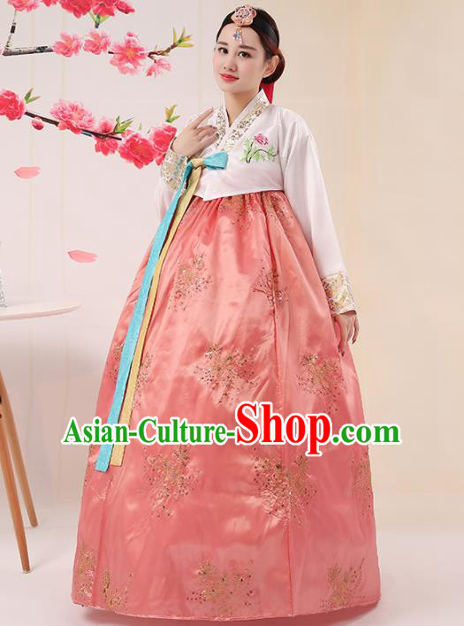 Korean Traditional Palace Costumes Asian Korean Hanbok Bride Embroidered White Blouse and Pink Skirt for Women