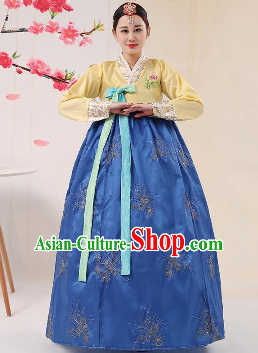 Korean Traditional Palace Costumes Asian Korean Hanbok Bride Embroidered Yellow Blouse and Blue Skirt for Women