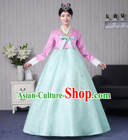 Traditional Korean Palace Costumes Asian Korean Hanbok Bride Pink Blouse and Green Skirt for Women