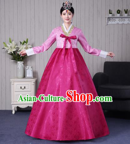 Traditional Korean Palace Costumes Asian Korean Hanbok Bride Pink Blouse and Rosy Skirt for Women