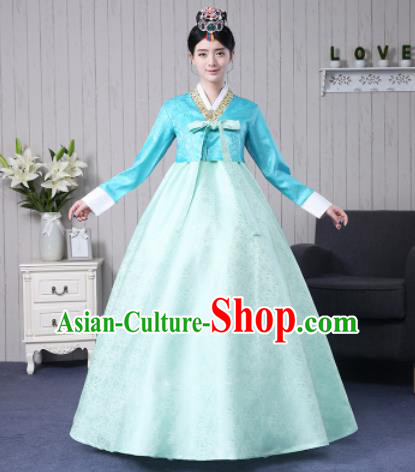 Traditional Korean Palace Costumes Asian Korean Hanbok Bride Blue Blouse and Green Skirt for Women